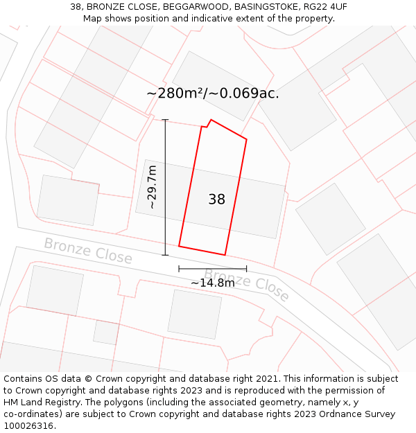 38, BRONZE CLOSE, BEGGARWOOD, BASINGSTOKE, RG22 4UF: Plot and title map