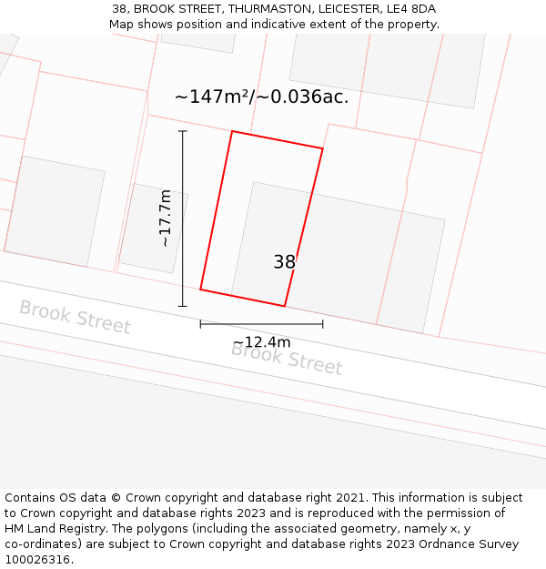 38, BROOK STREET, THURMASTON, LEICESTER, LE4 8DA: Plot and title map