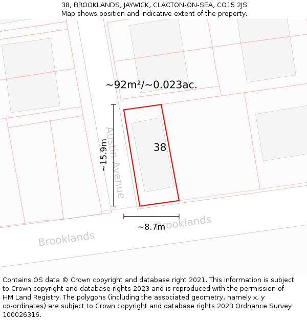 38, BROOKLANDS, JAYWICK, CLACTON-ON-SEA, CO15 2JS: Plot and title map