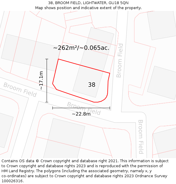 38, BROOM FIELD, LIGHTWATER, GU18 5QN: Plot and title map