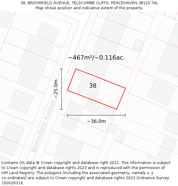 38, BROOMFIELD AVENUE, TELSCOMBE CLIFFS, PEACEHAVEN, BN10 7AL: Plot and title map