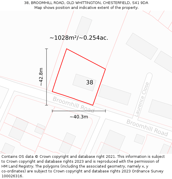 38, BROOMHILL ROAD, OLD WHITTINGTON, CHESTERFIELD, S41 9DA: Plot and title map