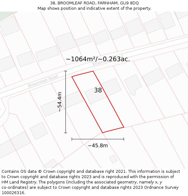 38, BROOMLEAF ROAD, FARNHAM, GU9 8DQ: Plot and title map