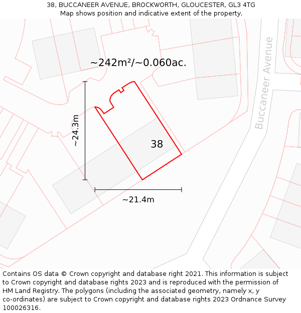 38, BUCCANEER AVENUE, BROCKWORTH, GLOUCESTER, GL3 4TG: Plot and title map
