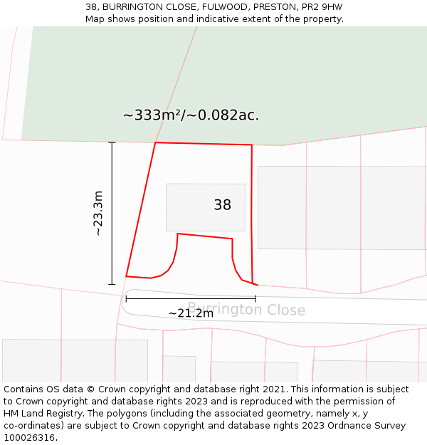 38, BURRINGTON CLOSE, FULWOOD, PRESTON, PR2 9HW: Plot and title map