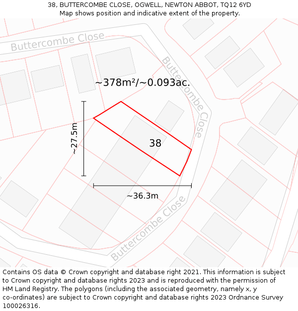 38, BUTTERCOMBE CLOSE, OGWELL, NEWTON ABBOT, TQ12 6YD: Plot and title map