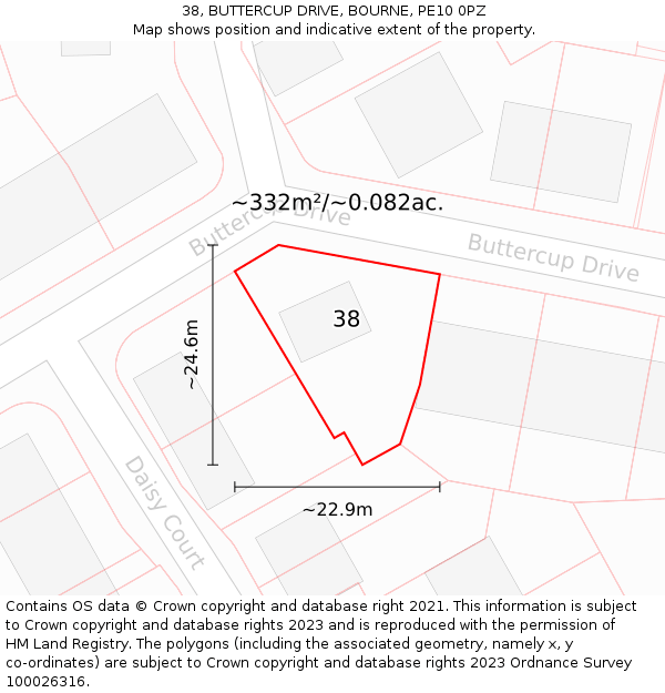 38, BUTTERCUP DRIVE, BOURNE, PE10 0PZ: Plot and title map