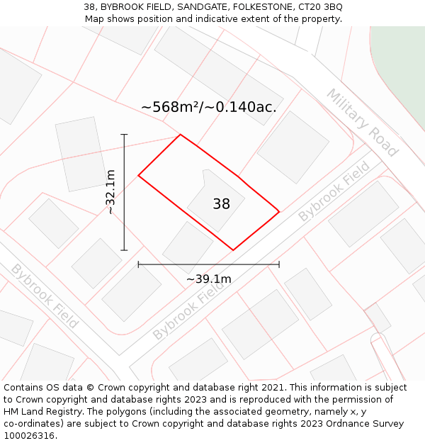 38, BYBROOK FIELD, SANDGATE, FOLKESTONE, CT20 3BQ: Plot and title map