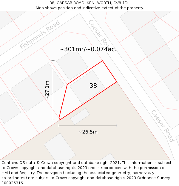 38, CAESAR ROAD, KENILWORTH, CV8 1DL: Plot and title map