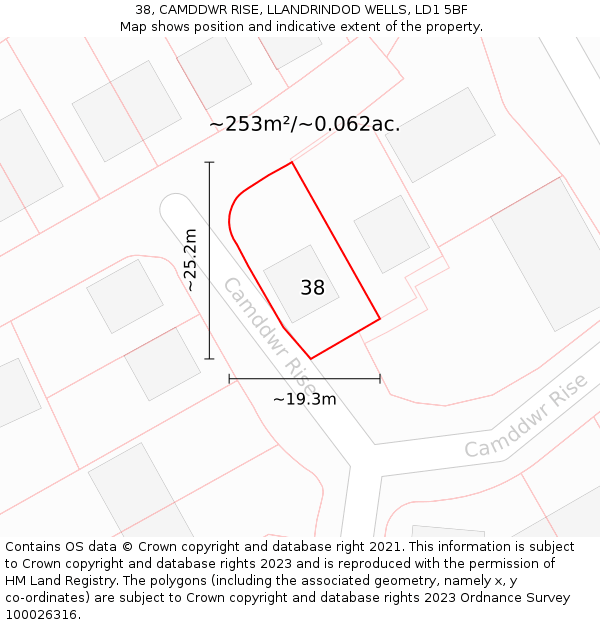 38, CAMDDWR RISE, LLANDRINDOD WELLS, LD1 5BF: Plot and title map