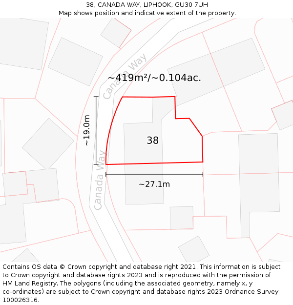 38, CANADA WAY, LIPHOOK, GU30 7UH: Plot and title map