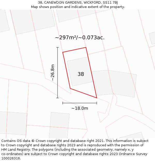 38, CANEWDON GARDENS, WICKFORD, SS11 7BJ: Plot and title map