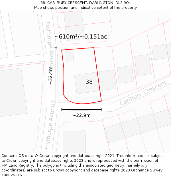 38, CARLBURY CRESCENT, DARLINGTON, DL3 9QL: Plot and title map