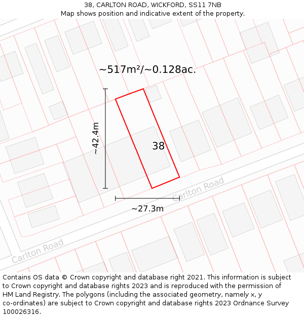 38, CARLTON ROAD, WICKFORD, SS11 7NB: Plot and title map