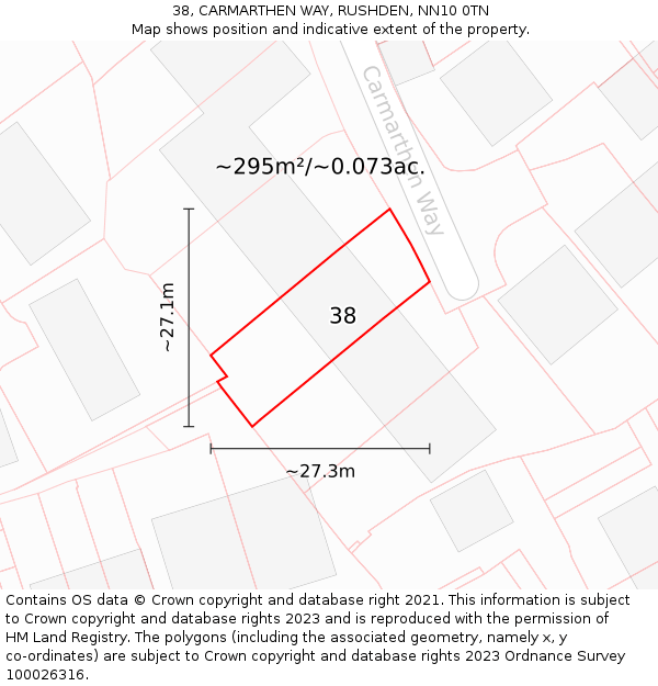 38, CARMARTHEN WAY, RUSHDEN, NN10 0TN: Plot and title map