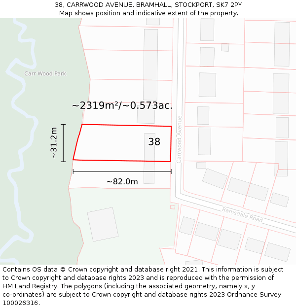 38, CARRWOOD AVENUE, BRAMHALL, STOCKPORT, SK7 2PY: Plot and title map