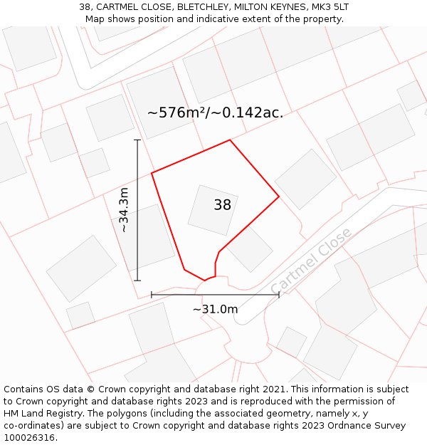 38, CARTMEL CLOSE, BLETCHLEY, MILTON KEYNES, MK3 5LT: Plot and title map