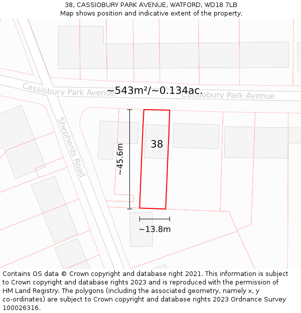 38, CASSIOBURY PARK AVENUE, WATFORD, WD18 7LB: Plot and title map