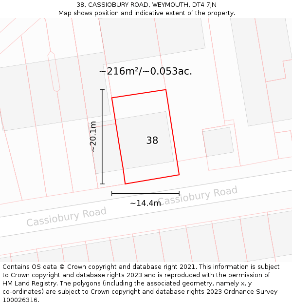 38, CASSIOBURY ROAD, WEYMOUTH, DT4 7JN: Plot and title map