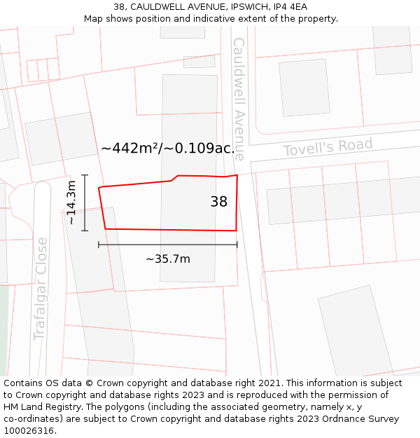 38, CAULDWELL AVENUE, IPSWICH, IP4 4EA: Plot and title map