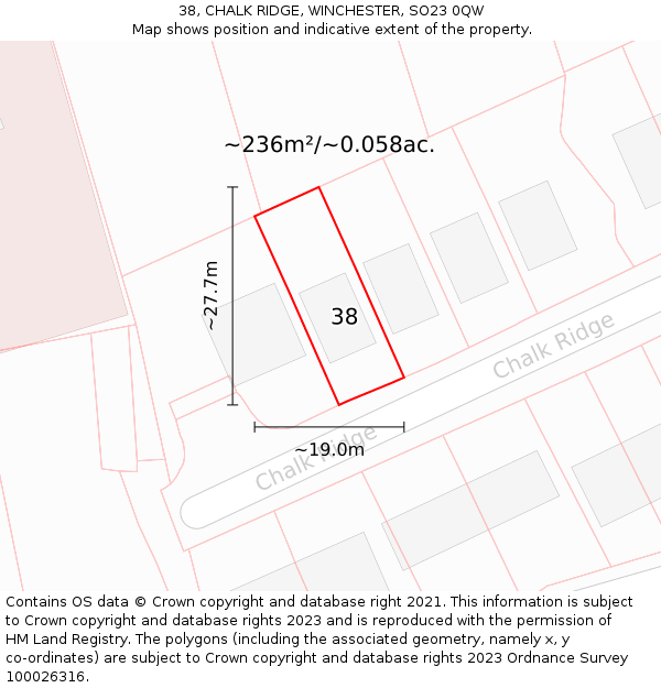 38, CHALK RIDGE, WINCHESTER, SO23 0QW: Plot and title map