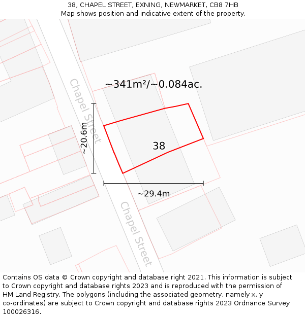 38, CHAPEL STREET, EXNING, NEWMARKET, CB8 7HB: Plot and title map