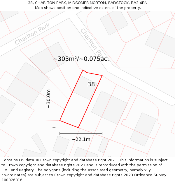 38, CHARLTON PARK, MIDSOMER NORTON, RADSTOCK, BA3 4BN: Plot and title map