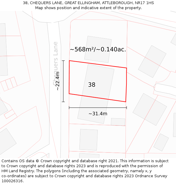 38, CHEQUERS LANE, GREAT ELLINGHAM, ATTLEBOROUGH, NR17 1HS: Plot and title map