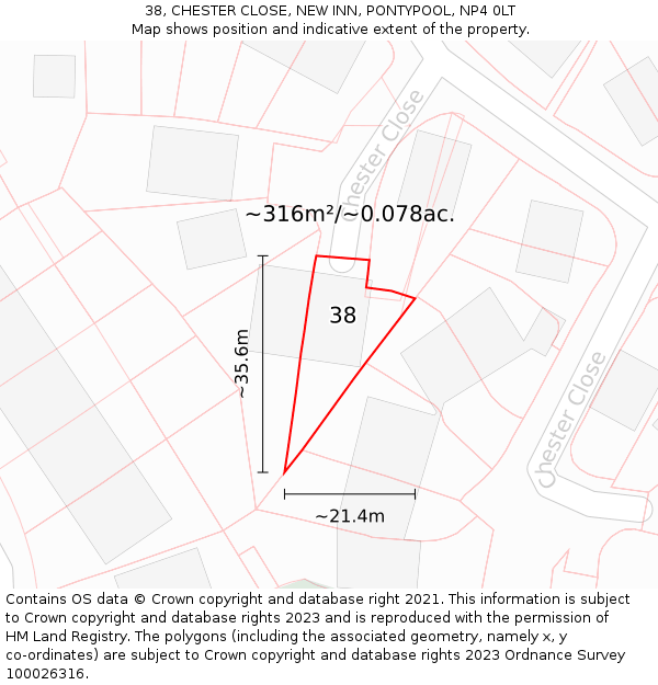 38, CHESTER CLOSE, NEW INN, PONTYPOOL, NP4 0LT: Plot and title map