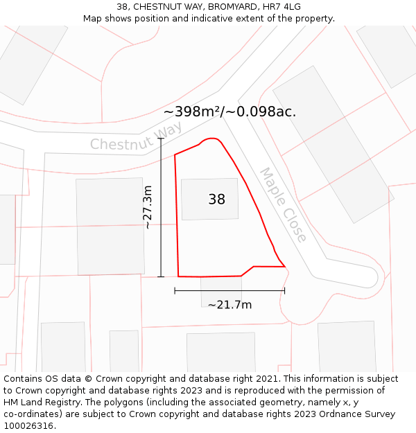 38, CHESTNUT WAY, BROMYARD, HR7 4LG: Plot and title map