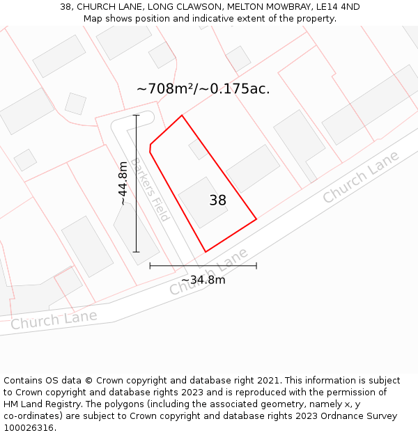 38, CHURCH LANE, LONG CLAWSON, MELTON MOWBRAY, LE14 4ND: Plot and title map