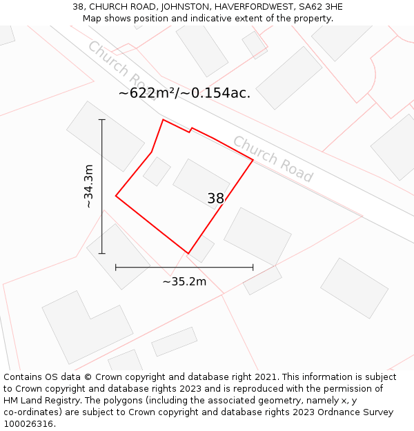 38, CHURCH ROAD, JOHNSTON, HAVERFORDWEST, SA62 3HE: Plot and title map