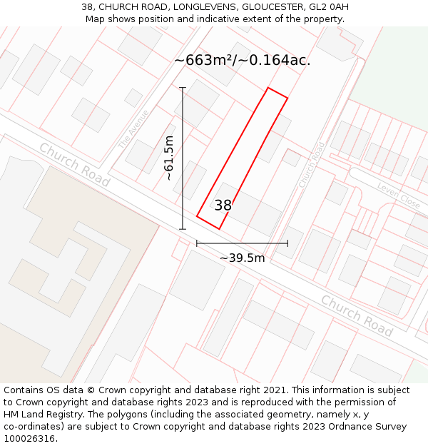 38, CHURCH ROAD, LONGLEVENS, GLOUCESTER, GL2 0AH: Plot and title map