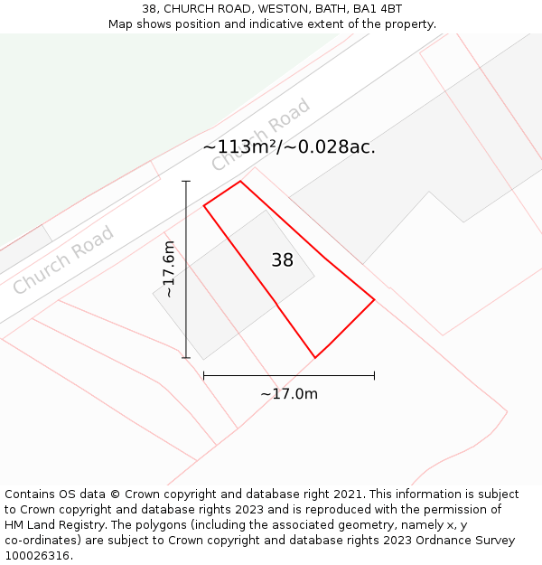 38, CHURCH ROAD, WESTON, BATH, BA1 4BT: Plot and title map