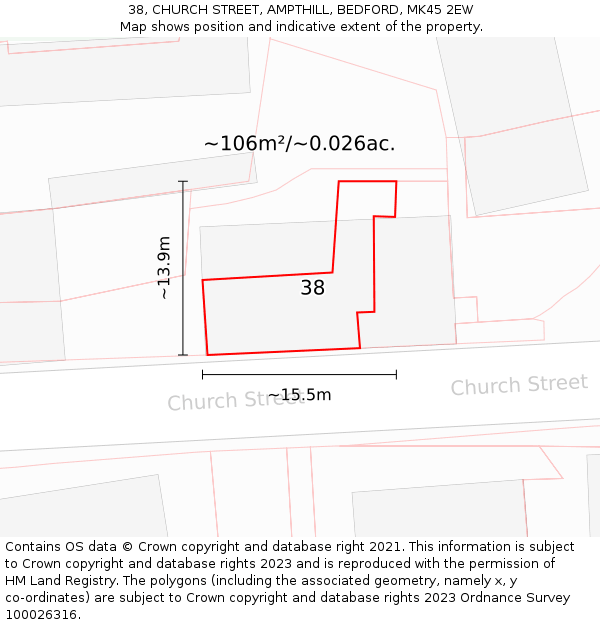 38, CHURCH STREET, AMPTHILL, BEDFORD, MK45 2EW: Plot and title map