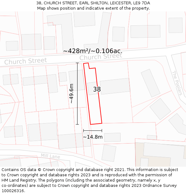 38, CHURCH STREET, EARL SHILTON, LEICESTER, LE9 7DA: Plot and title map