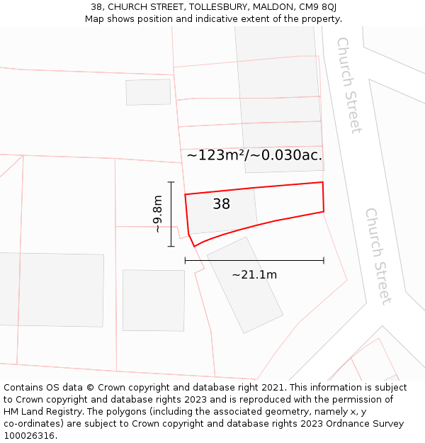 38, CHURCH STREET, TOLLESBURY, MALDON, CM9 8QJ: Plot and title map