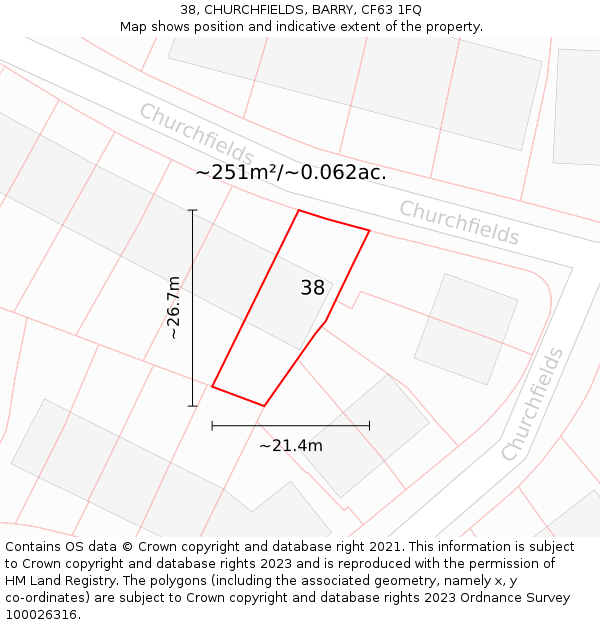 38, CHURCHFIELDS, BARRY, CF63 1FQ: Plot and title map