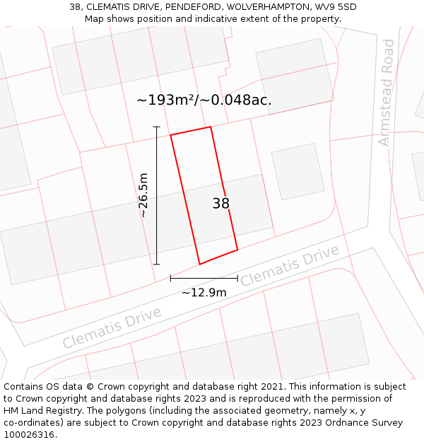 38, CLEMATIS DRIVE, PENDEFORD, WOLVERHAMPTON, WV9 5SD: Plot and title map