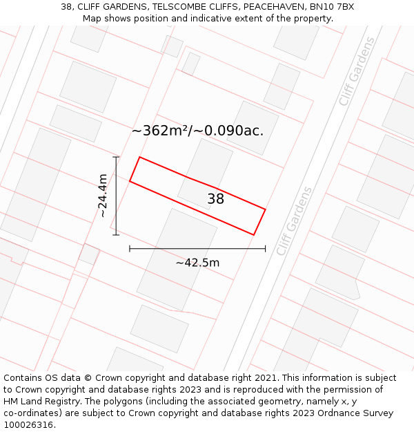 38, CLIFF GARDENS, TELSCOMBE CLIFFS, PEACEHAVEN, BN10 7BX: Plot and title map