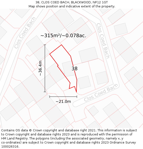 38, CLOS COED BACH, BLACKWOOD, NP12 1GT: Plot and title map