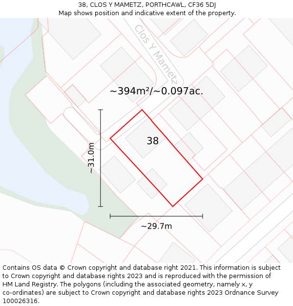 38, CLOS Y MAMETZ, PORTHCAWL, CF36 5DJ: Plot and title map