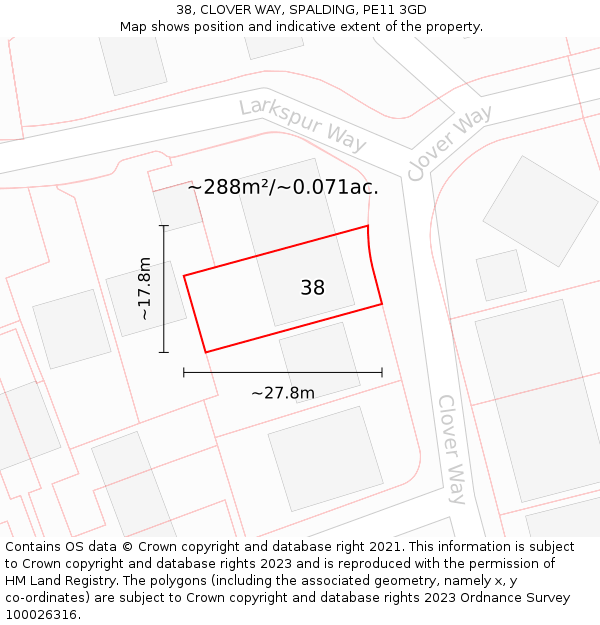 38, CLOVER WAY, SPALDING, PE11 3GD: Plot and title map