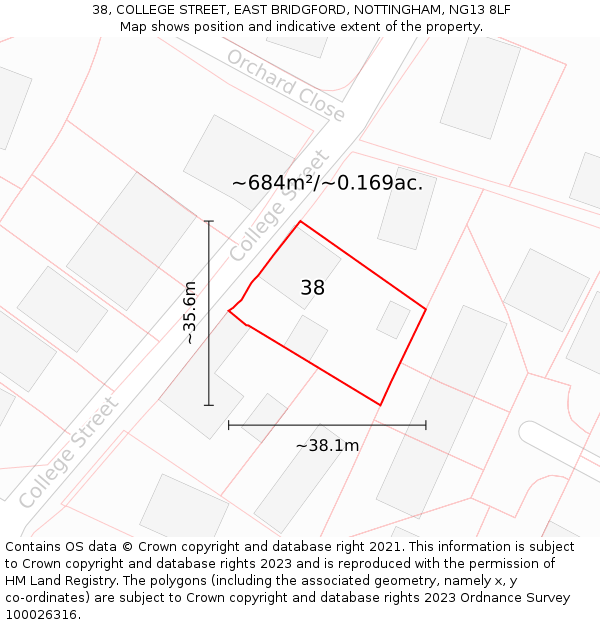 38, COLLEGE STREET, EAST BRIDGFORD, NOTTINGHAM, NG13 8LF: Plot and title map