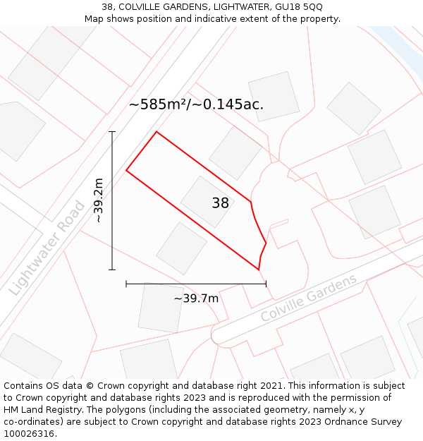 38, COLVILLE GARDENS, LIGHTWATER, GU18 5QQ: Plot and title map