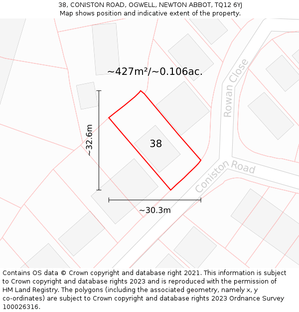 38, CONISTON ROAD, OGWELL, NEWTON ABBOT, TQ12 6YJ: Plot and title map