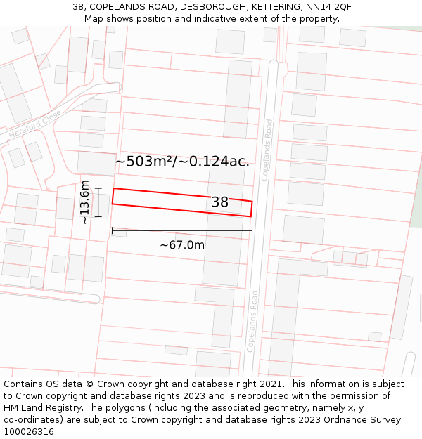 38, COPELANDS ROAD, DESBOROUGH, KETTERING, NN14 2QF: Plot and title map