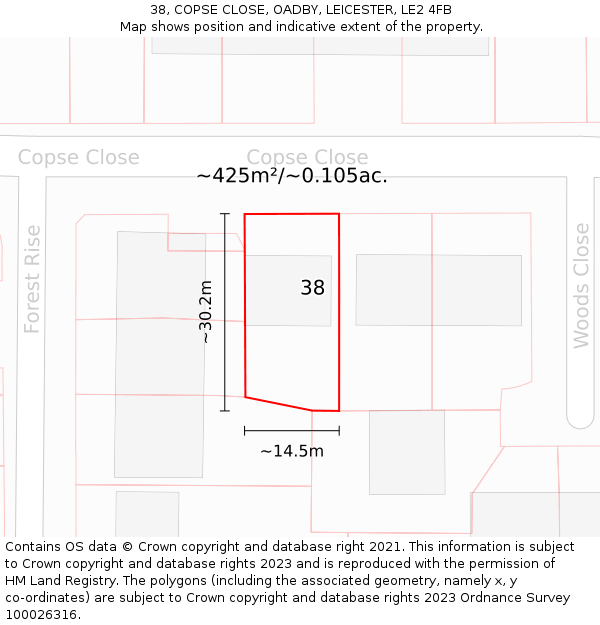 38, COPSE CLOSE, OADBY, LEICESTER, LE2 4FB: Plot and title map