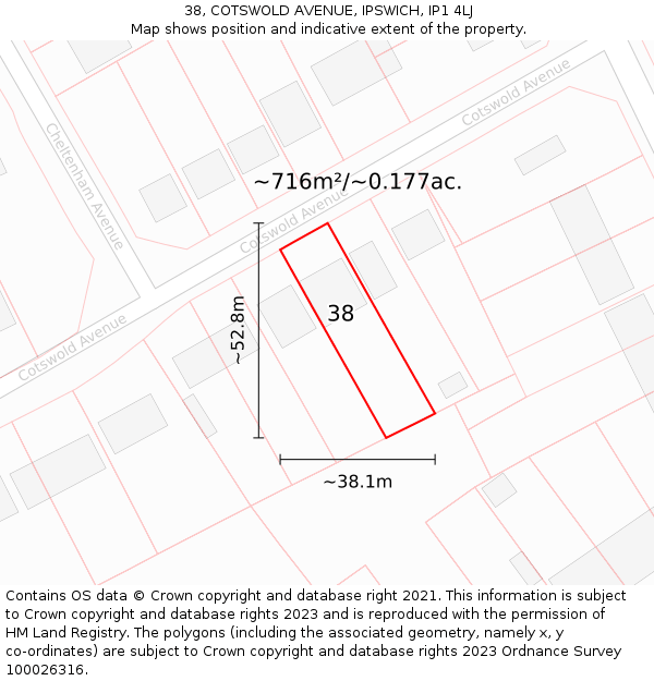 38, COTSWOLD AVENUE, IPSWICH, IP1 4LJ: Plot and title map