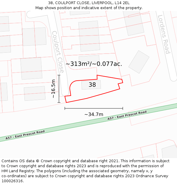 38, COULPORT CLOSE, LIVERPOOL, L14 2EL: Plot and title map